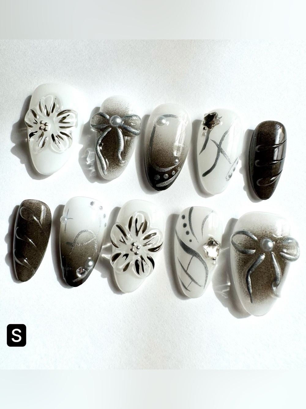 Elegant White, Silver & Black 3D Flower Press-On Nails